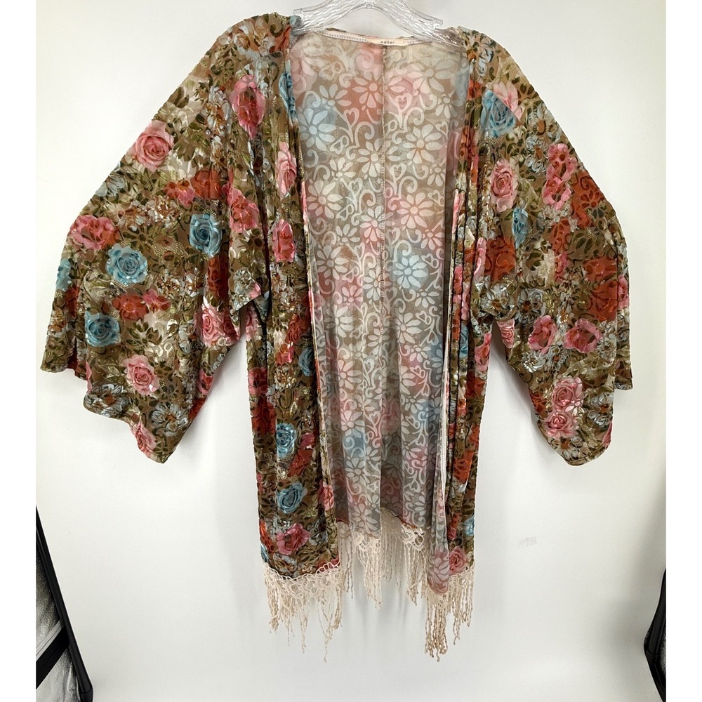 Easel Floral Burnout Velvet Kimono Fringe Trim Open Front Cardigan Brown Pink L
